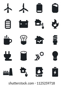 Set of vector isolated black icon - hot cup vector, bulb, fire, oil barrel, battery, low, windmill, factory, home control, eco house, power plug, water heater, energy saving, sun panel