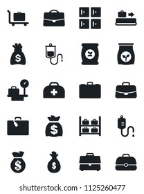 Set of vector isolated black icon - suitcase vector, baggage conveyor, trolley, luggage storage, scales, checkroom, case, money bag, fertilizer, doctor, dropper