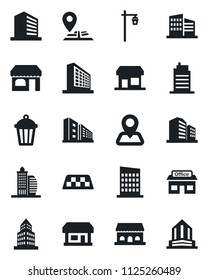 Set of vector isolated black icon - taxi vector, shop, office building, garden light, navigation, store, city house, cafe, storefront
