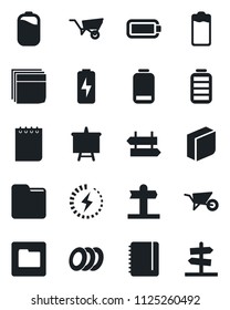 Set of vector isolated black icon - signpost vector, notepad, presentation board, wheelbarrow, battery, low, folder, charge, blank box, plates, guidepost