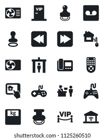 Set of vector isolated black icon - passport control vector, security gate, stamp, scales, gamepad, remote, fast forward, rewind, record, air conditioner, vip zone, home, intercome, app, garage