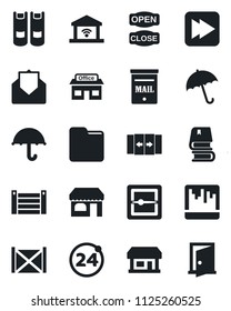 Set of vector isolated black icon - 24 around vector, automatic door, umbrella, shop, book, store, container, mail, fast forward, scanner, folder, mailbox, open close, garage gate control
