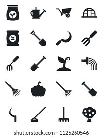 Set of vector isolated black icon - job vector, garden fork, shovel, rake, watering can, wheelbarrow, sproute, hoe, sickle, pumpkin, greenhouse, fertilizer, fruit tree