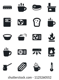 Set of vector isolated black icon - hot cup vector, coffee, fire, fireplace, air conditioner, bread, steak, dog, bowl, steaming pan, turkish, water heater, thermometer