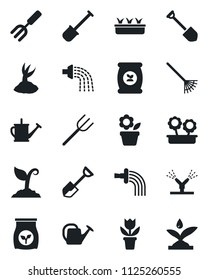 Set of vector isolated black icon - job vector, flower in pot, garden fork, shovel, farm, rake, watering can, sproute, seedling, fertilizer, irrigation