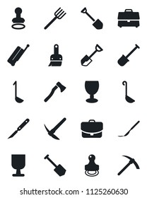 Set of vector isolated black icon - suitcase vector, stamp, job, shovel, farm fork, axe, scalpel, fragile, themes, case, ladle, hard work