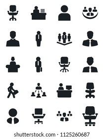 Set of vector isolated black icon - reception vector, manager, office chair, place, client, user, company, desk, hierarchy, estate agent, group