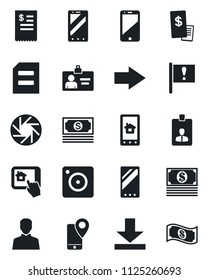 Set of vector isolated black icon - right arrow vector, mobile phone, identity card, document, important flag, cash, tracking, cell, camera, user, download, restaurant receipt, home control app