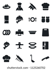 Set of vector isolated black icon - fridge vector, cook, restaurant table, serviette, cafe, hat, plates, waiter, salt and pepper, ladle, bowl, rolling pin, cutting board, knife