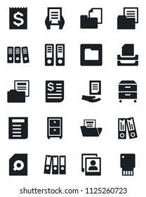 Set of vector isolated black icon - office binder vector, document, receipt, folder, photo gallery, search, paper, tray, archive box, usb flash