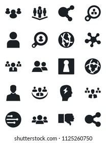 Set of vector isolated black icon - female vector, team, brainstorm, network, share, group, finger down, user, company, client search, consumer, social media