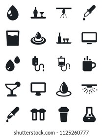Set of vector isolated black icon - hot cup vector, water drop, dropper, monitor, alcohol, drink, cocktail, filter, sprinkler, flask