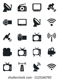 Set of vector isolated black icon - antenna vector, satellite, radio, tv, video camera, wireless