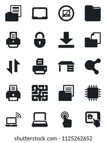 Set of vector isolated black icon - no laptop vector, wireless notebook, lock, desk, pc, printer, folder document, touch screen, share, data exchange, download, chip, home control app