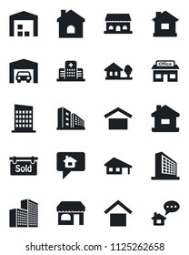 Set of vector isolated black icon - shop vector, office building, house, hospital, store, warehouse storage, with garage, tree, sold signboard, city, cafe, home message