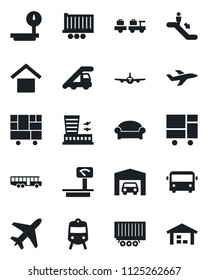 Set of vector isolated black icon - plane vector, airport bus, train, escalator, waiting area, baggage larry, ladder car, building, truck trailer, consolidated cargo, warehouse storage, heavy scales