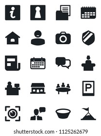 Set of vector isolated black icon - parking vector, female, reception, meeting, manager place, patient, term, folder document, shield, camera, dialog, speaker, news, house, cafe building, bowl