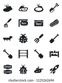 Set of vector isolated black icon - job vector, garden fork, shovel, lady bug, caterpillar, pond, rack, rent, bacon, open close, rocket