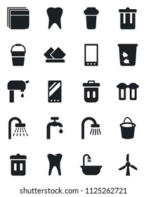 Set of vector isolated black icon - trash bin vector, shower, bucket, tooth, mobile, blank box, water supply, bathroom, serviette, filter, windmill