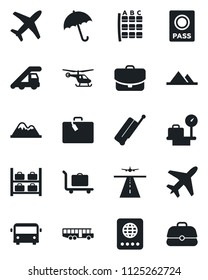 Set of vector isolated black icon - plane vector, runway, suitcase, baggage trolley, airport bus, umbrella, passport, ladder car, helicopter, seat map, luggage storage, scales, mountains, case