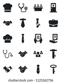 Set of vector isolated black icon - medical room vector, handshake, team, tie, document, stethoscope, meeting, cook hat, case
