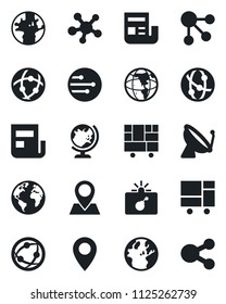 Set of vector isolated black icon - satellite antenna vector, bomb in case, globe, earth, pin, consolidated cargo, network, share, news, social media