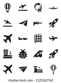 Set of vector isolated black icon - plane vector, departure, arrival, ladder car, boarding, seat map, globe, airport building, lady bug, rocket, paper, air balloon