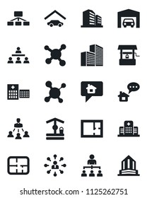 Set of vector isolated black icon - hierarchy vector, well, molecule, hospital, office building, garage, plan, home message