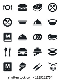 Set of vector isolated black icon - spoon and fork vector, dish, cafe, menu, plates, waiter, steak, kebab, hamburger, bowl, sushi