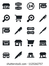 Set of vector isolated black icon - 24 around vector, shop, pen, store, search cargo, sale, sold signboard, cafe building, open close, cart, storefront