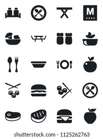 Set of vector isolated black icon - spoon and fork vector, picnic table, cafe, menu, salad, salt pepper, steak, hamburger, bowl, sushi, apple fruit