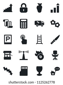 Set of vector isolated black icon - parking vector, gear, contract, growth statistic, crisis graph, ladder, well, real heart, fragile, flame disk, antenna, touch screen, sd, calculator, office chair