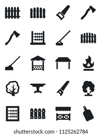 Set of vector isolated black icon - fence vector, tree, saw, fire, hoe, axe, abacus, table, alcove, cutting board