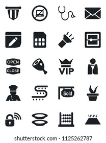 Set of vector isolated black icon - no laptop vector, vip, mail, pennant, seedling, drip irrigation, stethoscope, scanner, sim, notes, torch, abacus, sold signboard, waiter, cook, plates, open close