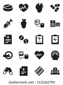Set of vector isolated black icon - heart pulse vector, diagnosis, syringe, blood pressure, pills, blister, tomography, real, clipboard, hospital