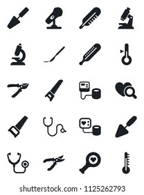 Set of vector isolated black icon - trowel vector, pruner, saw, stethoscope, blood pressure, thermometer, heart diagnostic, microscope, scalpel, microphone