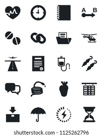 Set of vector isolated black icon - runway vector, helicopter, flight table, hose, heart pulse, dropper, pills, real, clock, umbrella, package, route, dialog, chain, charge, copybook, contract, sand