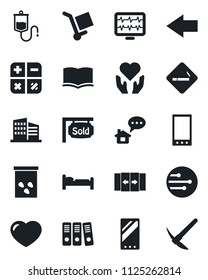 Set of vector isolated black icon - automatic door vector, smoking place, bed, left arrow, book, calculator, seeds, monitor pulse, dropper, heart hand, cargo, mobile, network, paper binder