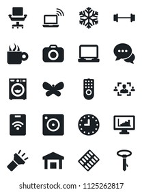 Set of vector isolated black icon - wireless notebook vector, butterfly, pills blister, barbell, clock, warehouse, camera, dialog, laptop pc, mobile, torch, monitor statistics, hr, office chair, tie