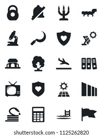 Set of vector isolated black icon - arrival vector, tree, hose, sickle, caterpillar, microscope, heart shield, sorting, heavy, mute, calculator, paper binder, pool, tv, cafe building, candle, flag