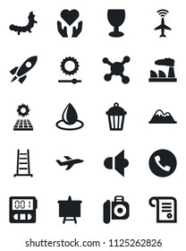 Set of vector isolated black icon - plane radar vector, phone, presentation board, factory, ladder, water drop, garden light, caterpillar, heart hand, molecule, fragile, camera, speaker, stopwatch