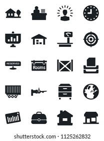 Set of vector isolated black icon - boarding vector, truck trailer, clock, container, heavy scales, barcode, manager desk, target, paper tray, archive box, house, with tree, warehouse, rooms, earth