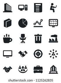 Set of vector isolated black icon - trash bin vector, handshake, office building, hierarchy, document, coffee, factory, monitor pulse, case, company, pie graph, chair, blank box, point, target, pc