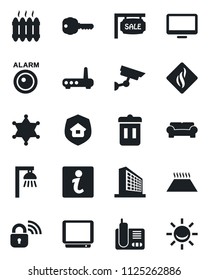 Set of vector isolated black icon - office building vector, tv, monitor, radio phone, sale, key, cushioned furniture, heater, estate insurance, wireless lock, router, smoke detector, warm floor