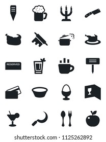 Set of vector isolated black icon - spoon and fork vector, coffee, sickle, plant label, wine card, reserved, cocktail, phyto bar, beer, egg stand, candle, credit, chicken, bowl, rolling pin, knife