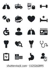 Set of vector isolated black icon - heart vector, stethoscope, blood pressure, diagnostic, pills, ambulance car, barbell, hospital bed, disabled, stomach, lungs, implant, medical calendar, diet