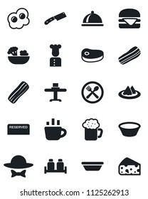 Set of vector isolated black icon - coffee vector, cook, dish, restaurant table, serviette, cafe, reserved, beer, salad, bacon, salt and pepper, dress code, steak, hamburger, bowl, knife, omelette
