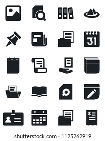 Set of vector isolated black icon - identity vector, book, notepad, document, contract, folder, news, gallery, calendar, notes, drawing pin, search, blank box, paper binder, serviette