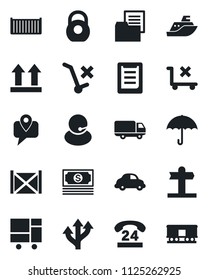 Set of vector isolated black icon - route vector, signpost, cash, 24 hours, support, mobile tracking, sea shipping, cargo container, car delivery, consolidated, clipboard, folder document, umbrella