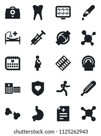 Set of vector isolated black icon - monitor pulse vector, doctor case, diagnosis, molecule, syringe, dropper, thermometer, pills blister, tomography, run, heart shield, hospital bed, stomach, tooth
